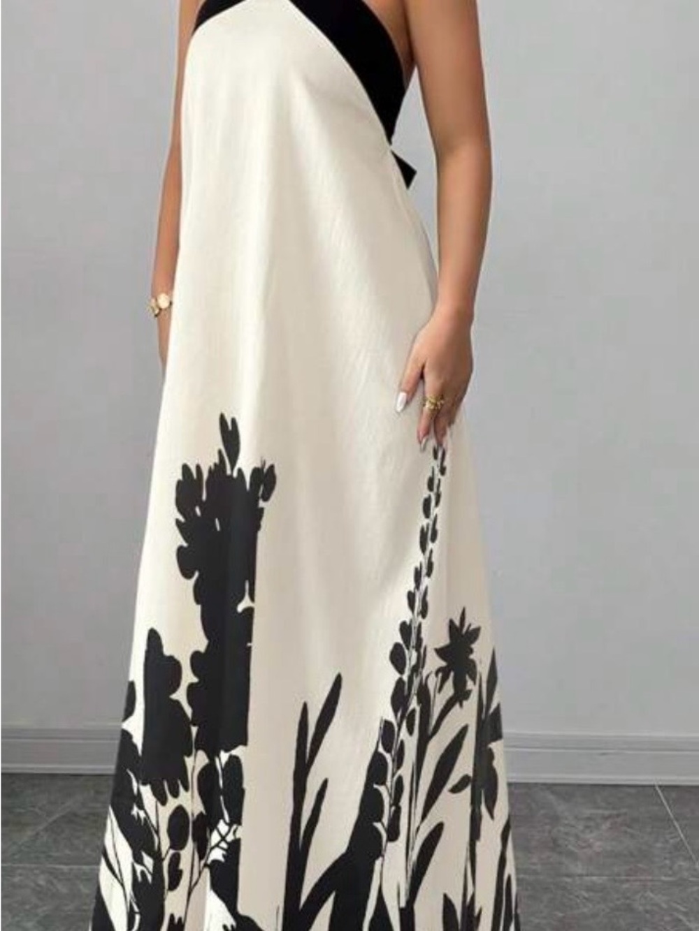SHEIN Ivory Halter Maxi Dress with Black Botanical Print